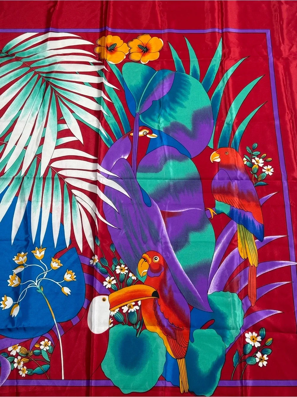 Striking Tropical Birds Palm Leaf Floral Parrot Toucan Silky Vibrant Red Scarf